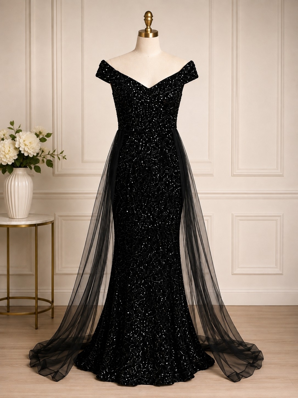 Faeriesty Black Sequin Off-Shoulder Homecoming Gown with Tulle Train Plus 3X